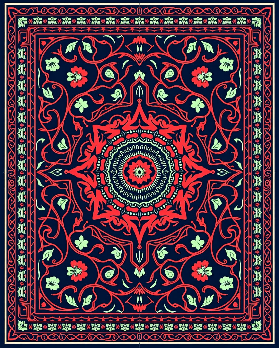 Deep Blue Red Floral Medallion Rug