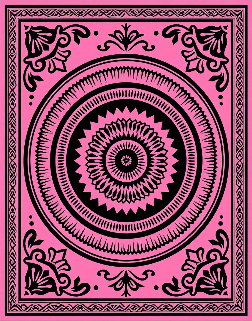 Vibrant Pink Black Mandala Garden Rug