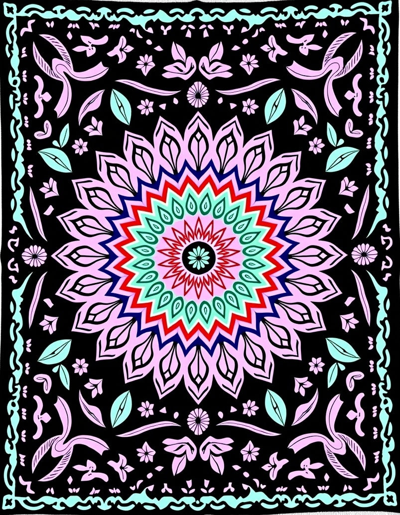Radiant Black Mandala Flower Rug