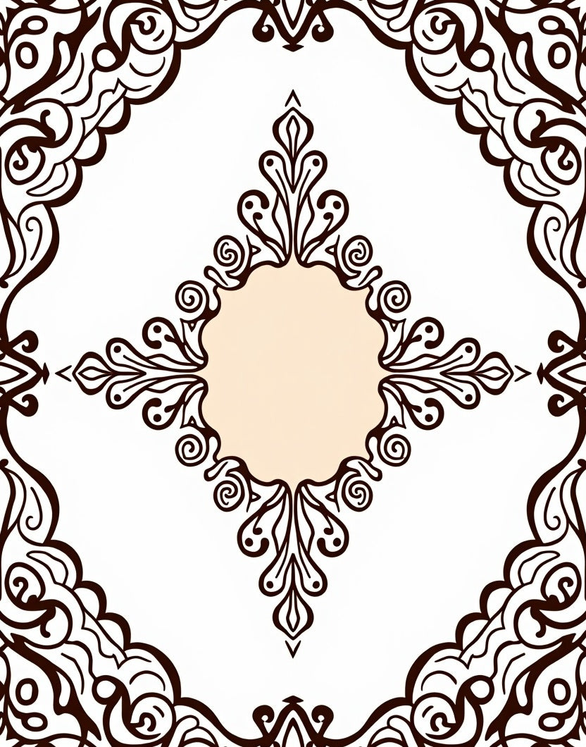 Brown White Filigree Medallion Border Rug