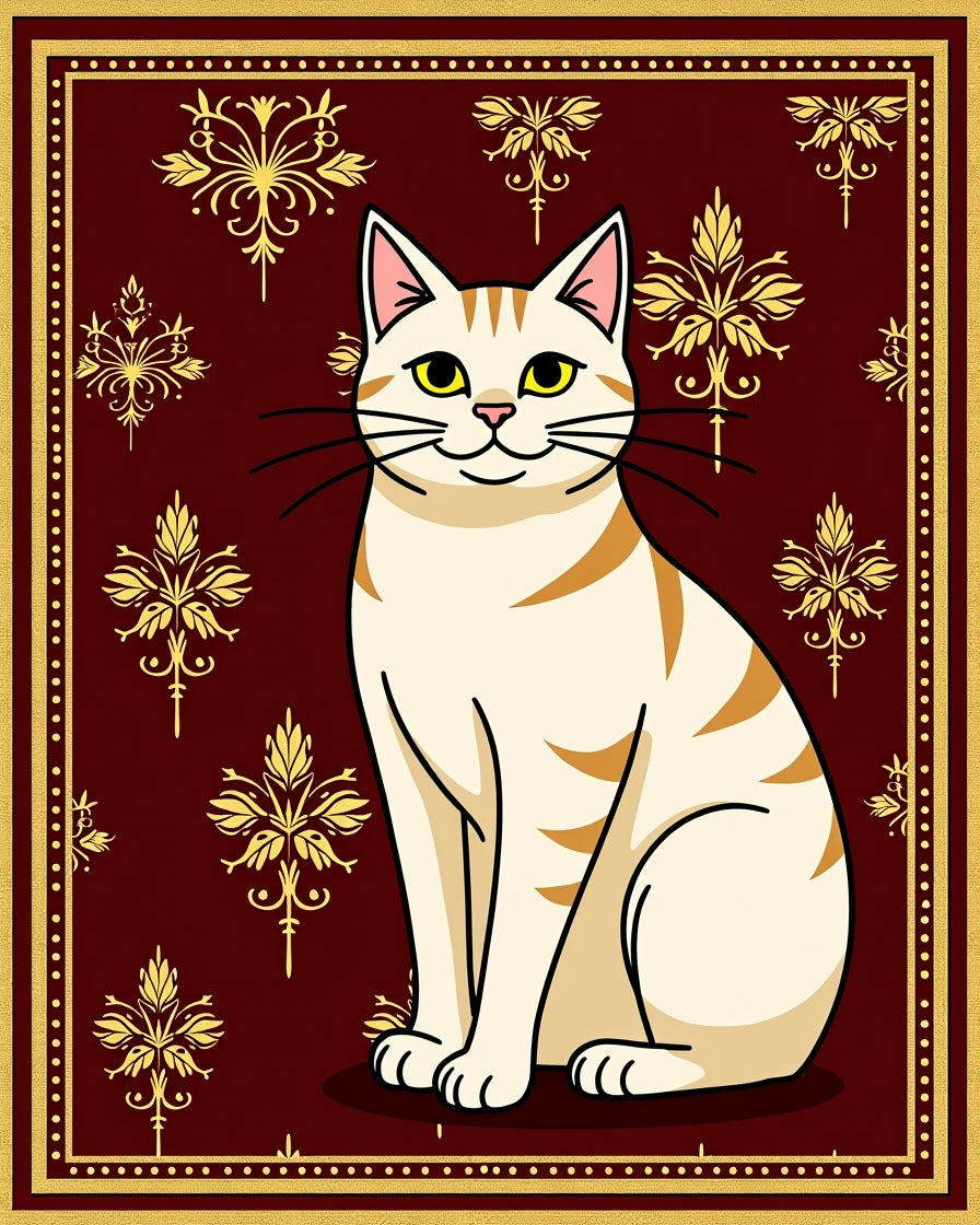 Crimson Gold Botanical Cat Portrait Rug