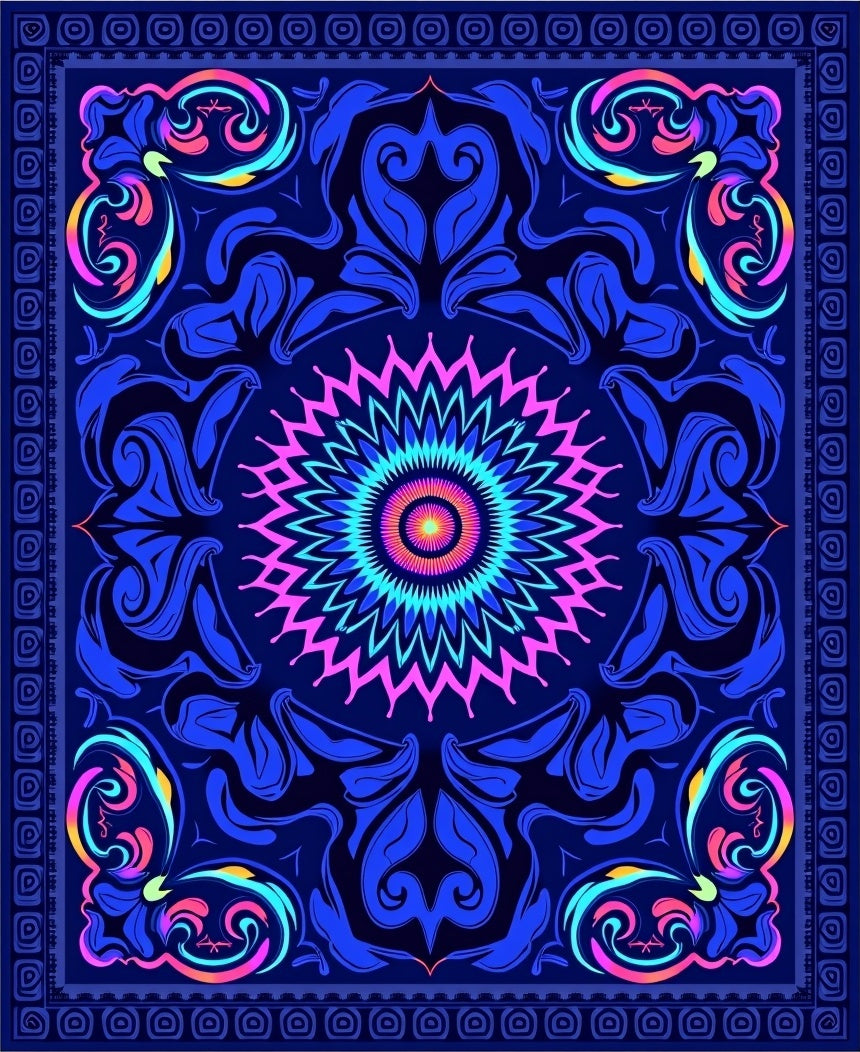 Vibrant Neon Blue Floral Mandala Rug