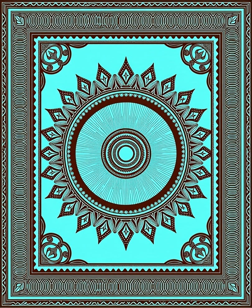 Aqua Brown Sunburst Medallion Border Rug
