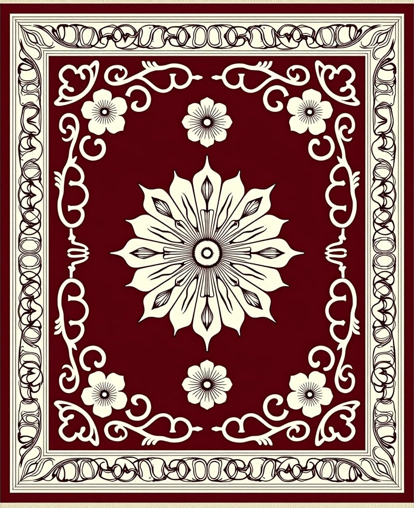 Ornate Bloom Emblem Crimson Area Rug