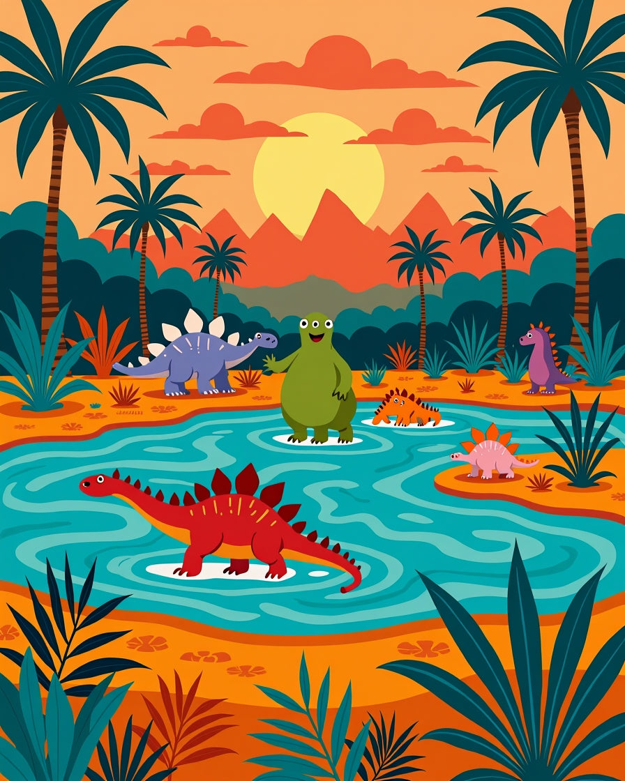 Whimsical Dinosaur Jungle Sunset Rug