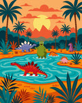 Whimsical Dinosaur Jungle Sunset Rug