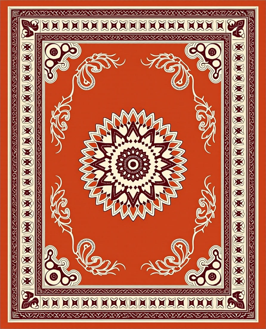 Crimson Medallion Bordered Floral Rug