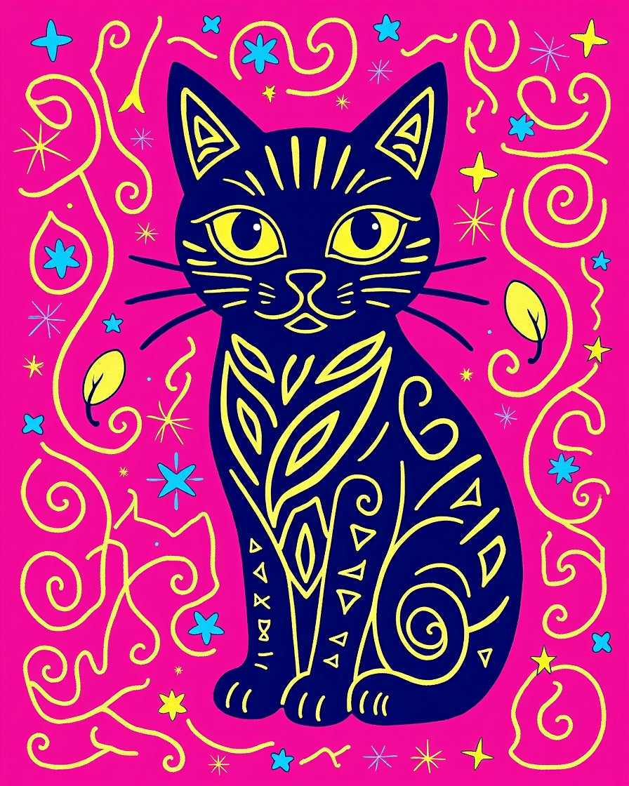 Whimsical Blue Cat Pink Swirls Rug