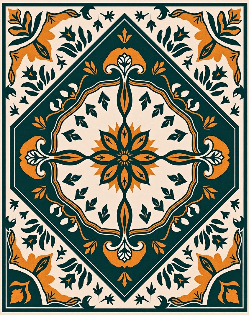 Emerald Orange Floral Medallion Garden Rug