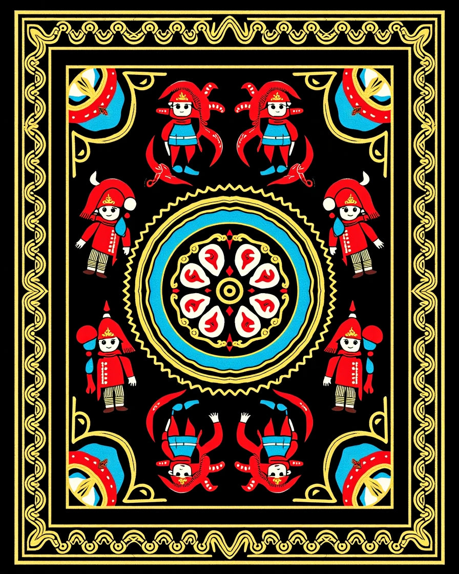 Bright Red Characters Medallion Border Rug