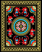 Bright Red Characters Medallion Border Rug