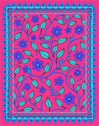 Vibrant Fuchsia Floral Botanical Border Rug