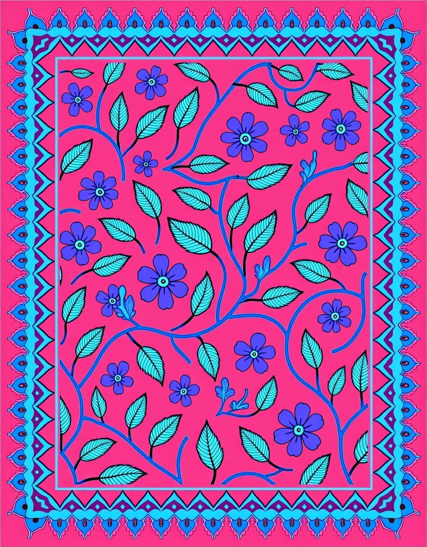 Vibrant Fuchsia Floral Botanical Border Rug