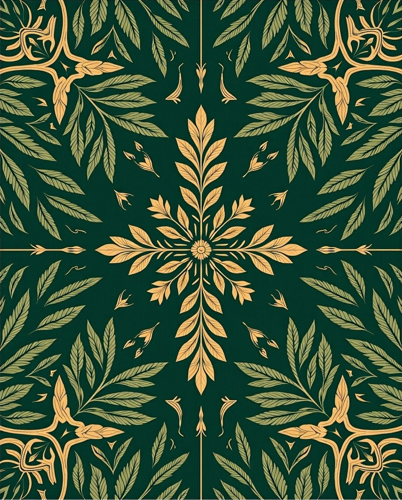 Emerald Green Golden Leaf Fretwork Rug
