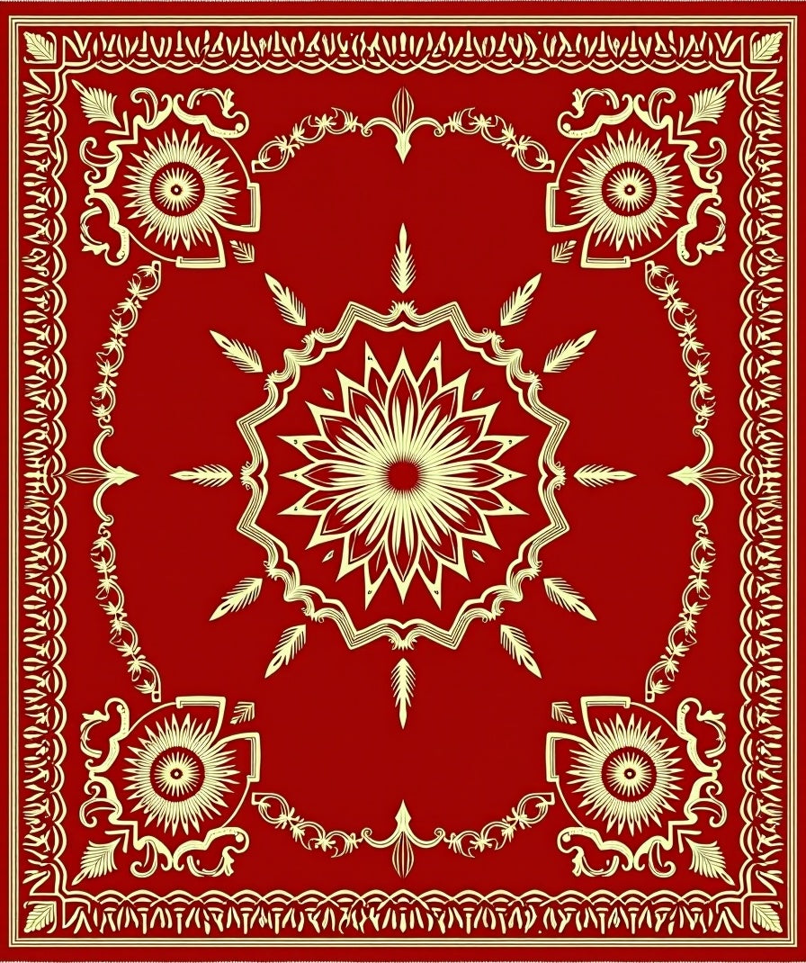 Crimson Sunburst Floral Medallion Border Rug