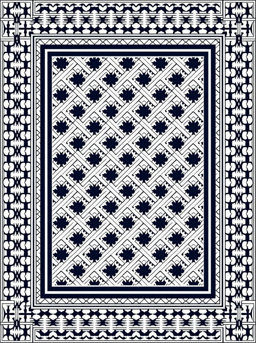 Navy White Interlocking Leaf Border Rug