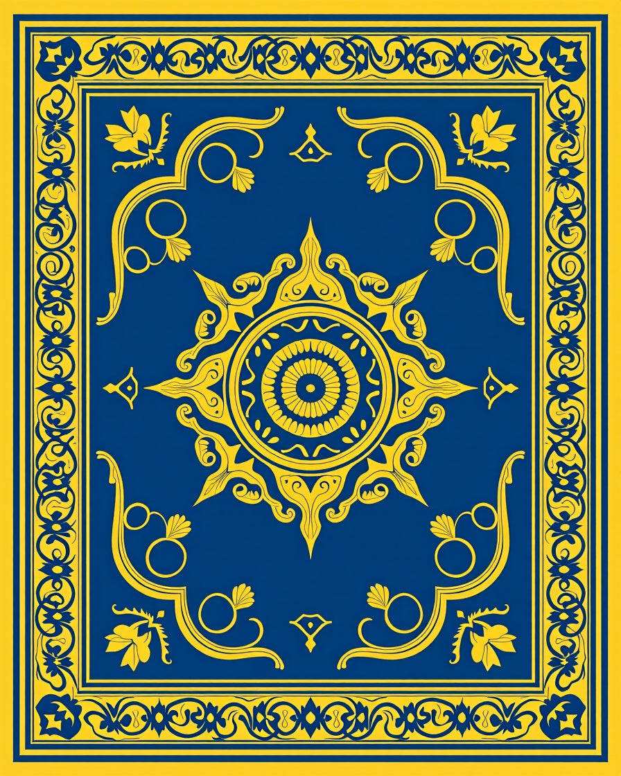 Royal Blue And Gold Medallion Emblem Rug