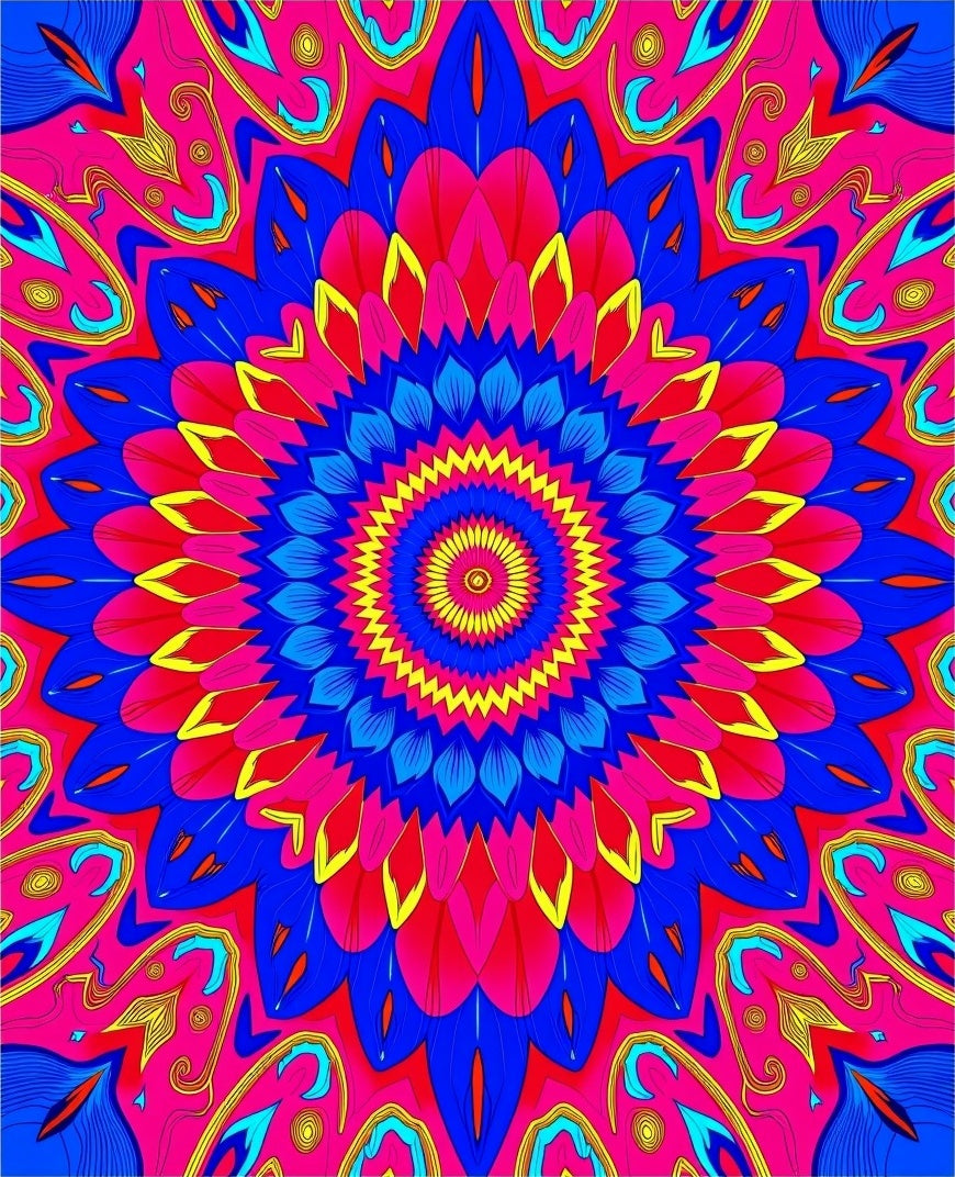 Vibrant Blue Pink Yellow Circular Mandala Rug