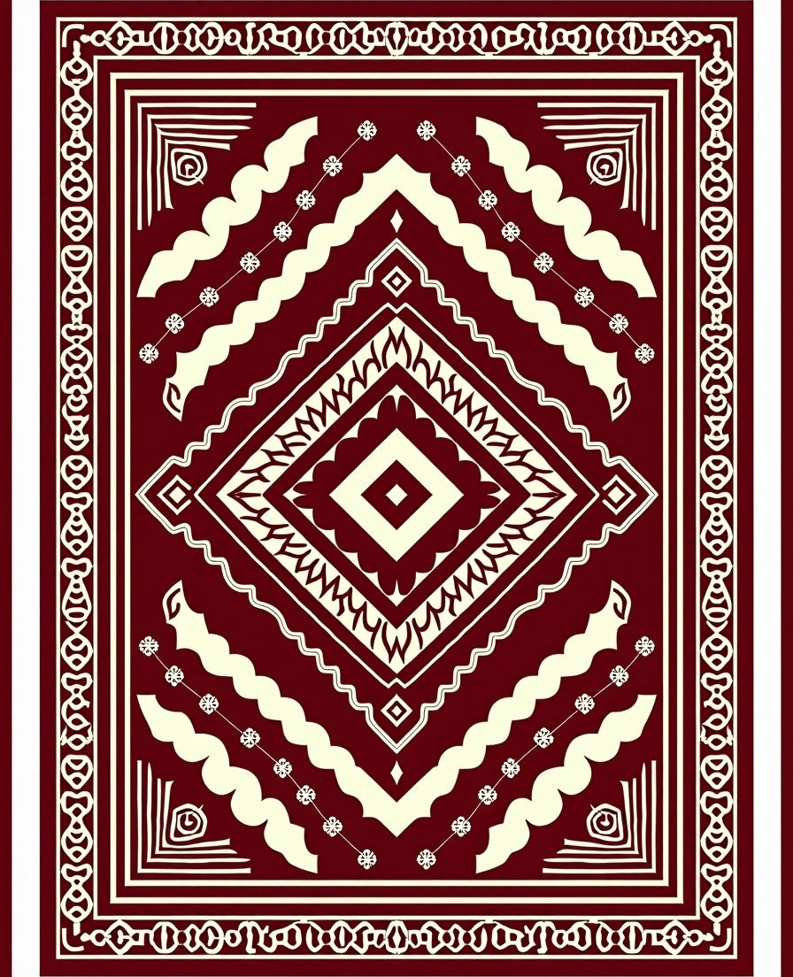 Deep Red Cream Geometric Diamond Medallion Rug