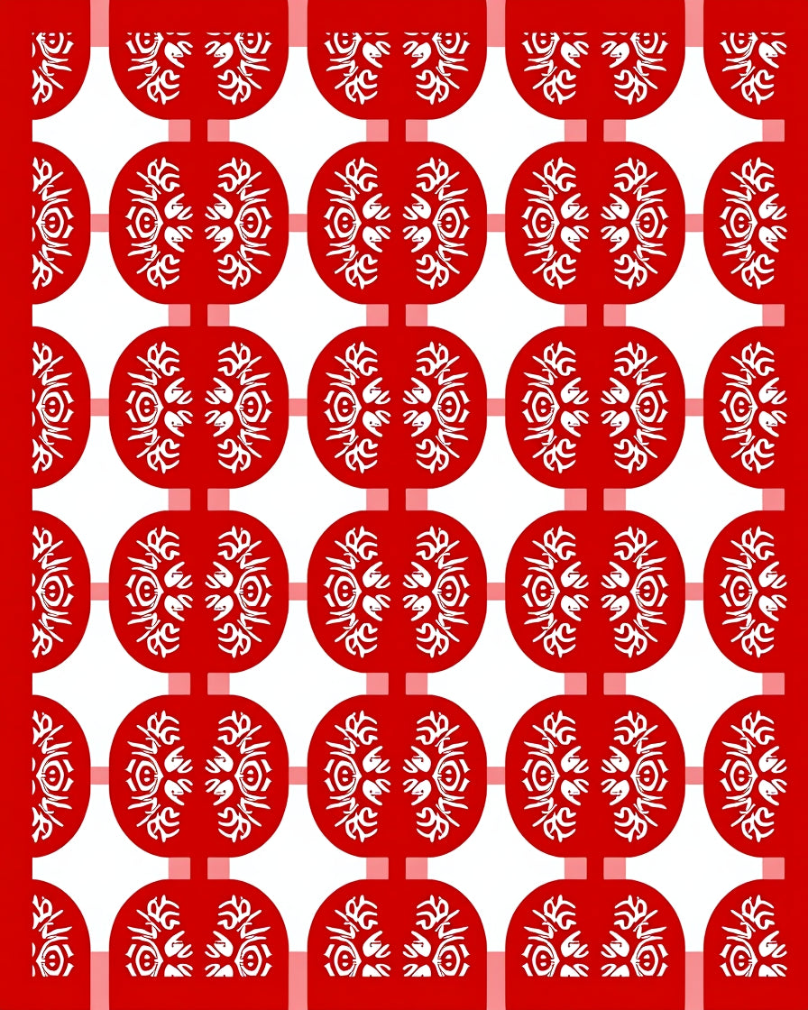 Bold Red White Symmetrical Oval Rug