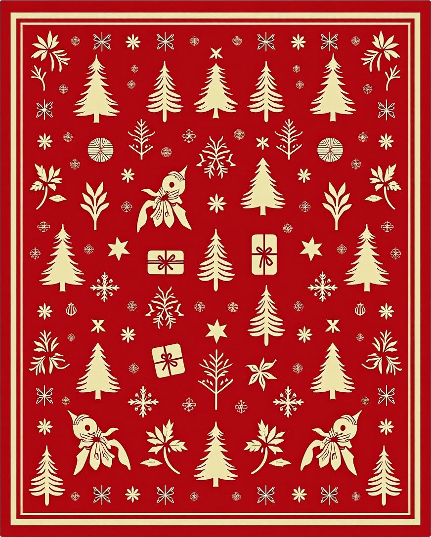 Crimson Holiday Festive Tree Snowflakes Rug