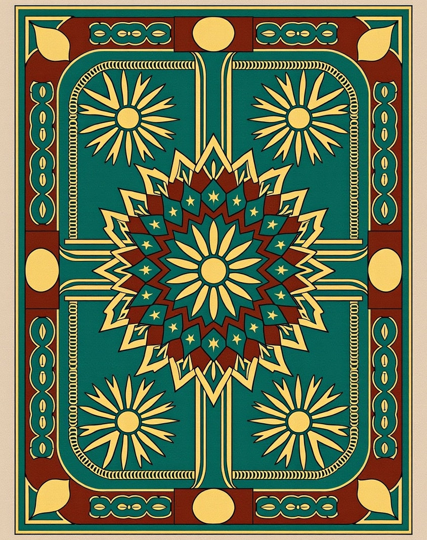 Teal Yellow Sunburst Medallion Rug