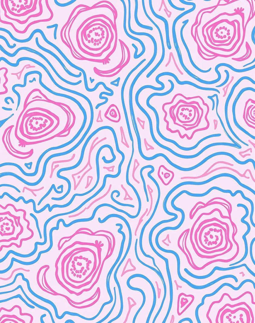 Pink Blue Wavy Floral Swirl Rug