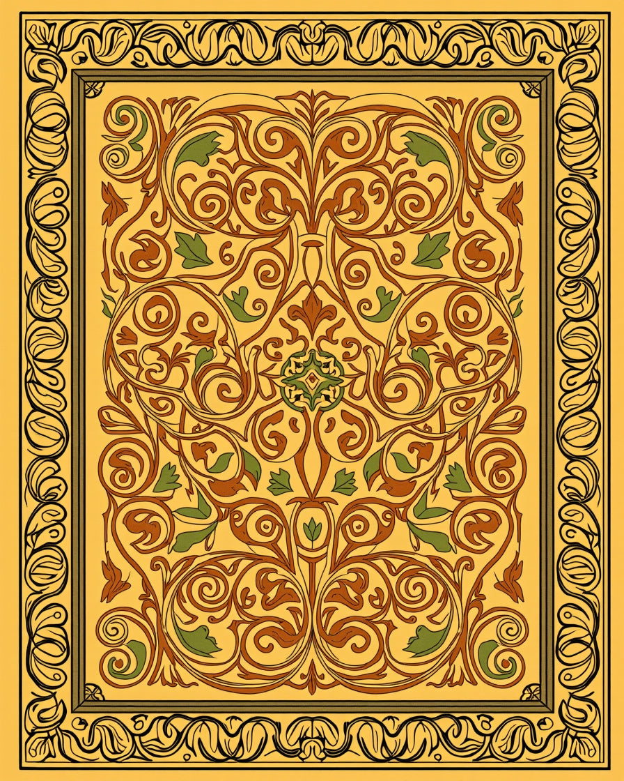Golden Brown Floral Scroll Border Rug