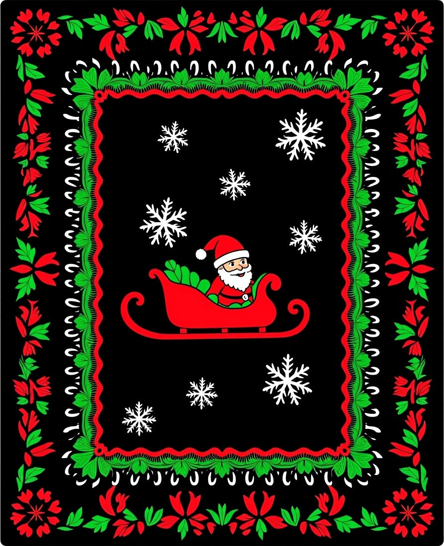Christmas Santa Sleigh Snowflakes Border Rug