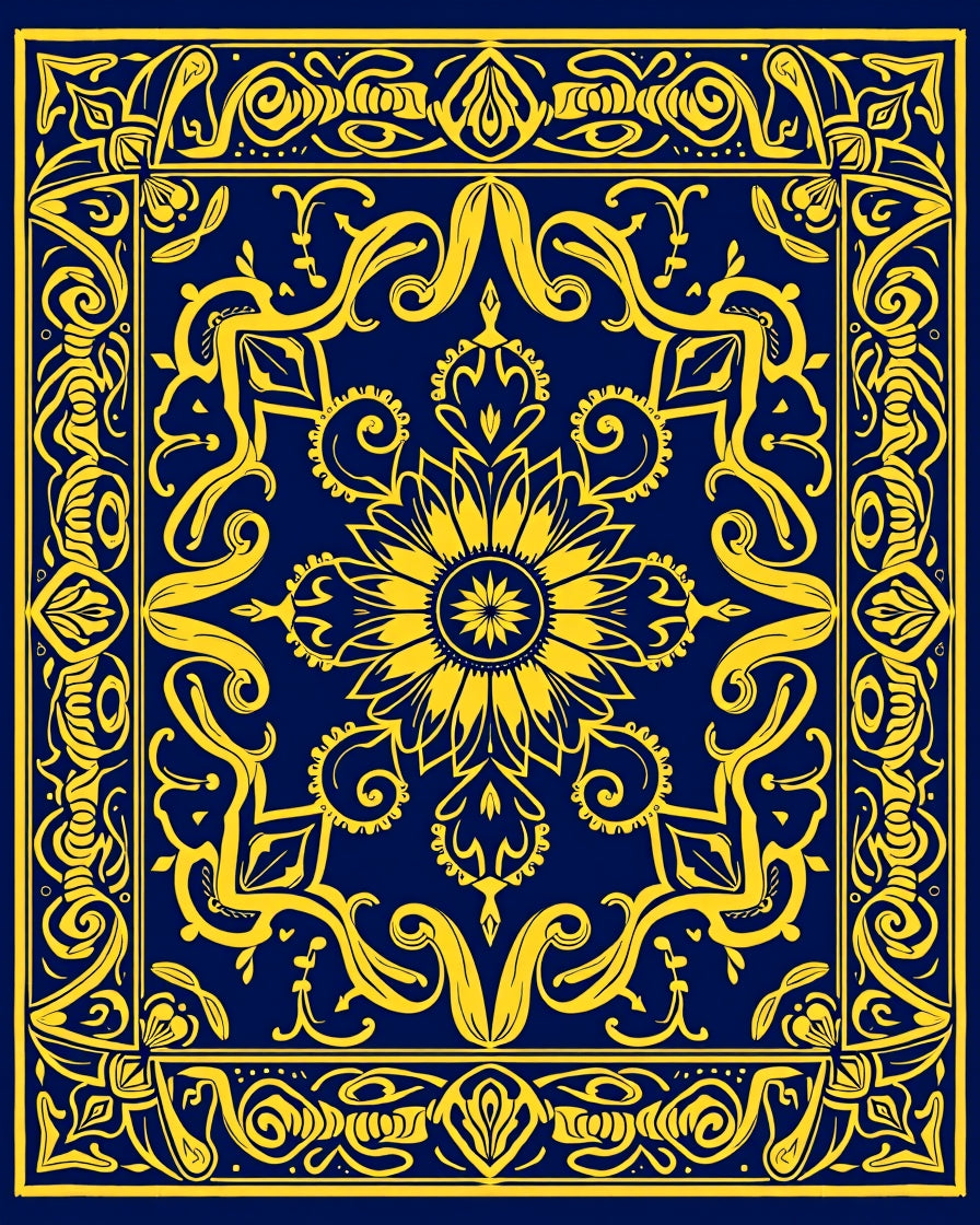 Golden Sunflower Medallion Navy Rug