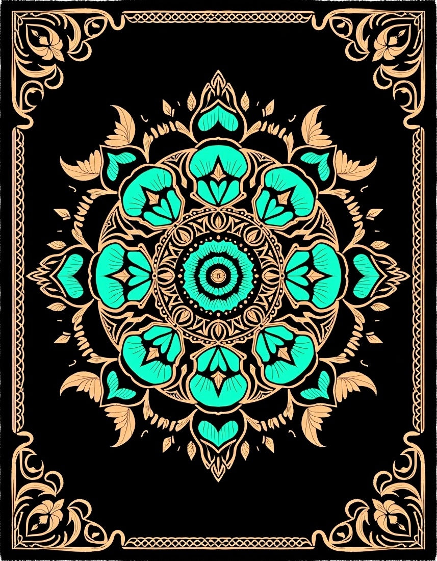 Black Aqua Floral Mandala Border Rug