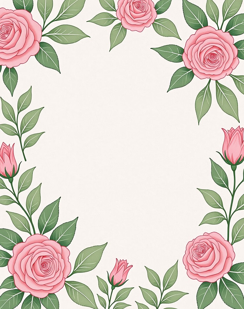 Pink Rose Floral Vine Border Rug