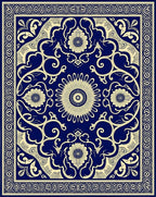 Symmetrical Navy Floral Swirl Medallion Rug