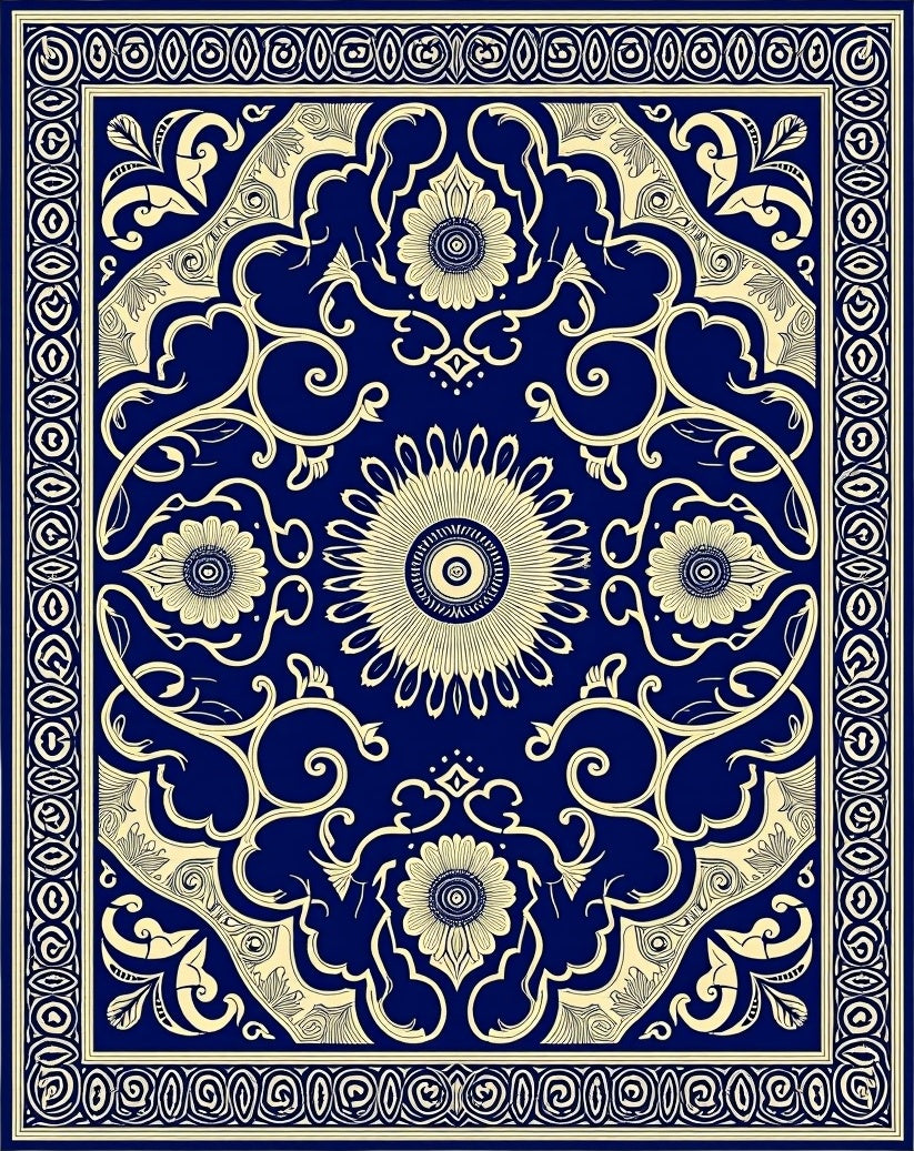 Symmetrical Navy Floral Swirl Medallion Rug