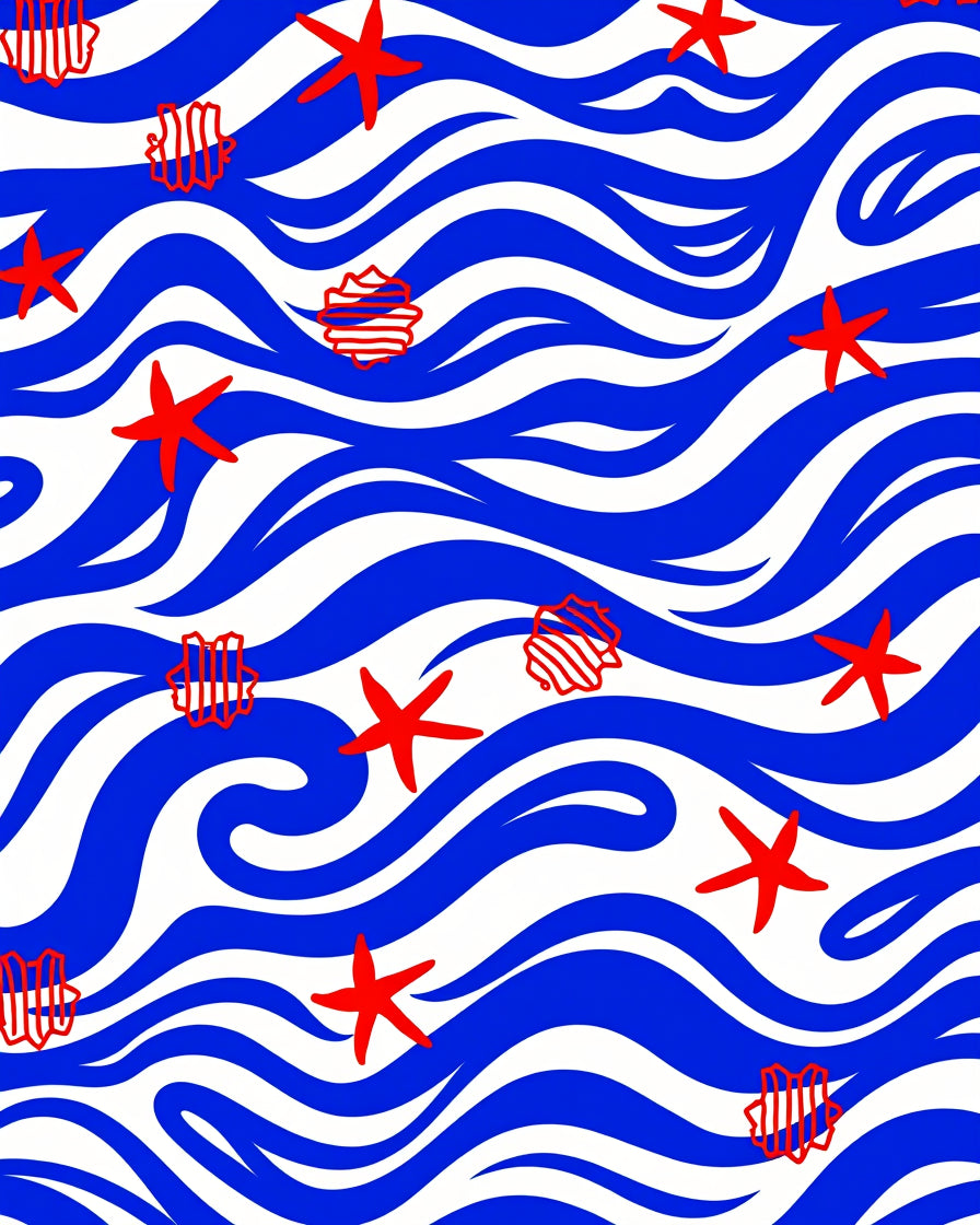 Red Starfish Blue Wave Seascape Rug