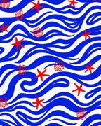 Red Starfish Blue Wave Seascape Rug