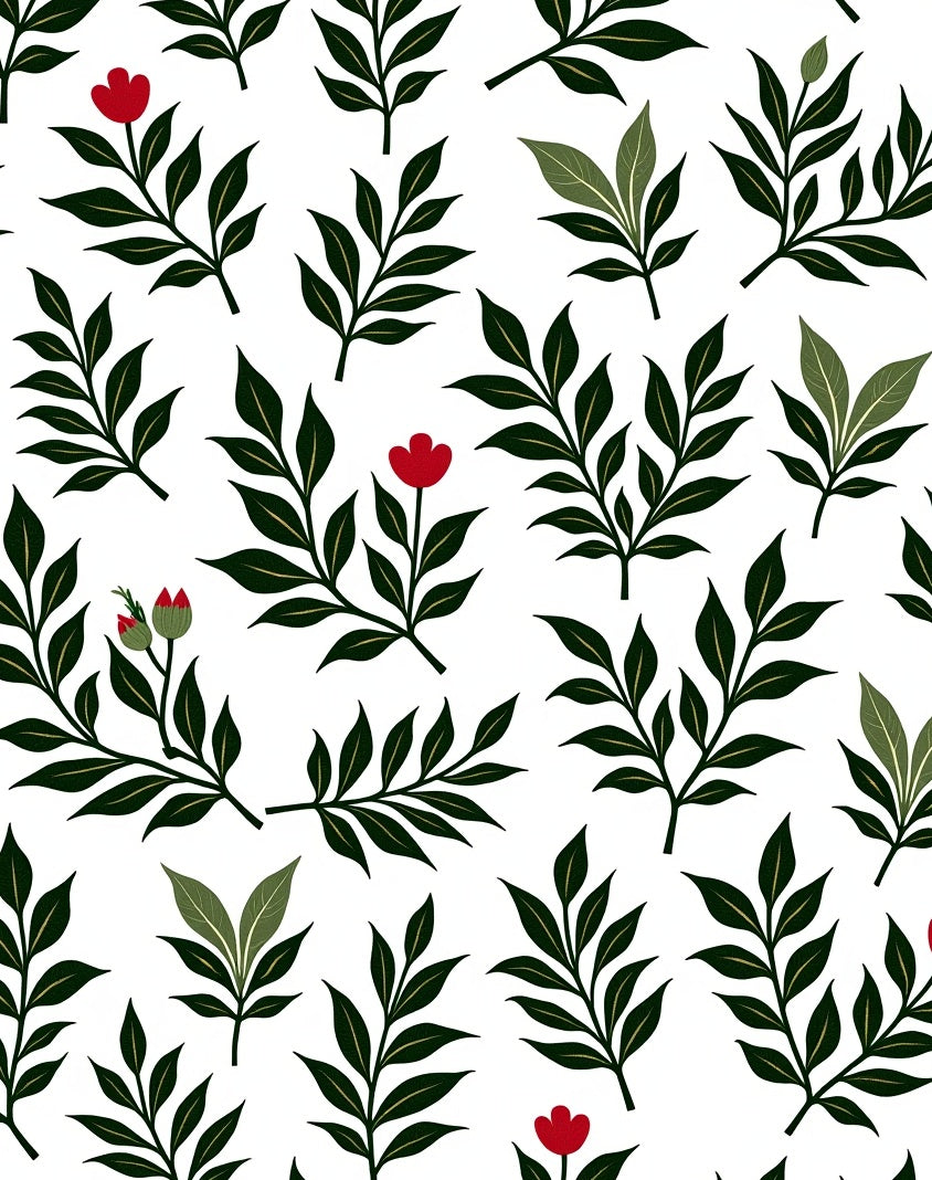 Dark Green Leaf with Red Flower Whimsical Rug