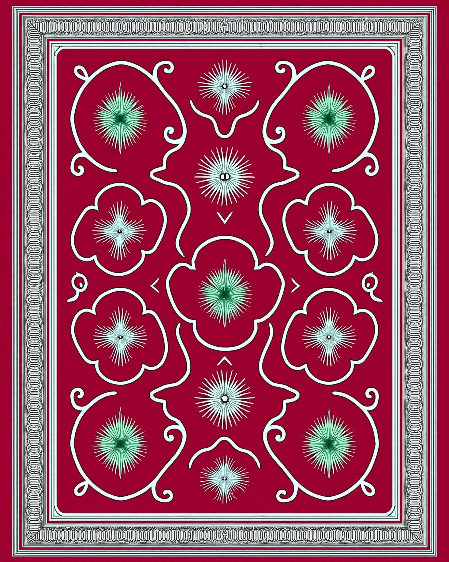 Crimson Floral Starburst Border Rug