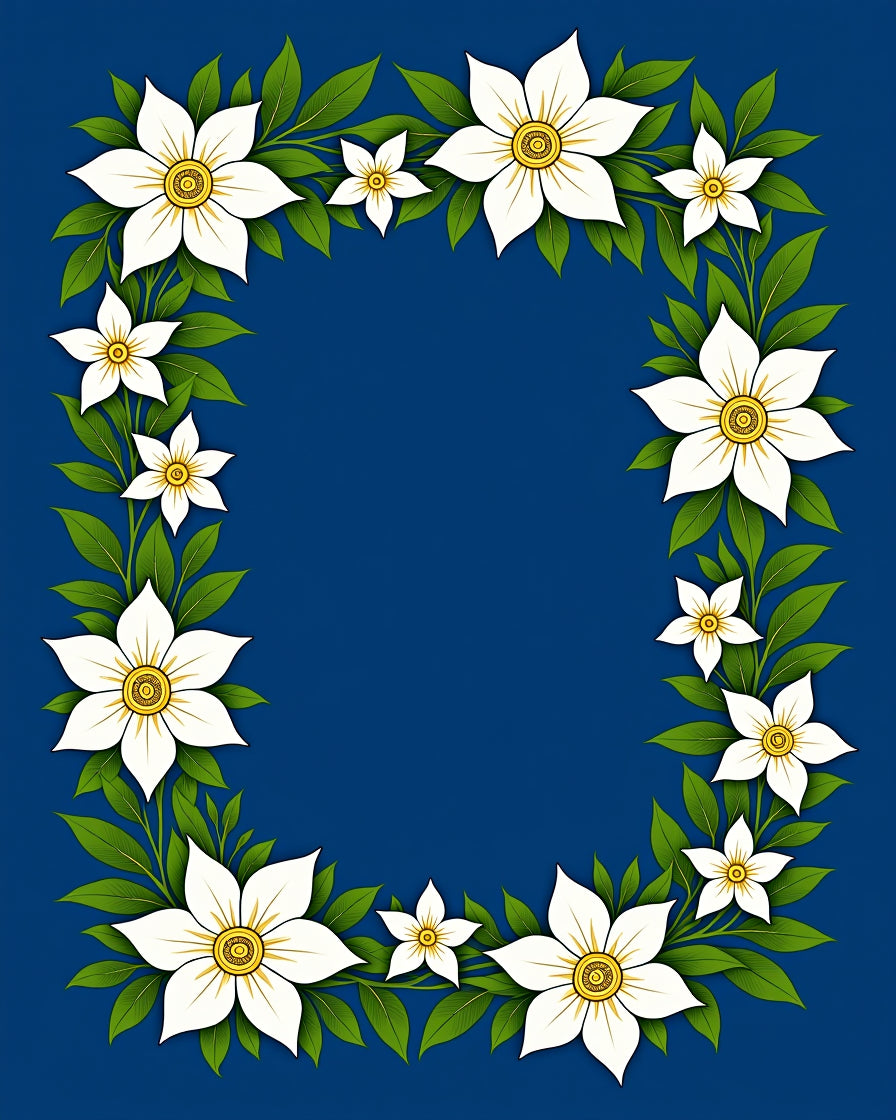 White Floral Border Blue Background Rug