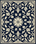 Deep Navy Cream Floral Scroll Medallion Rug
