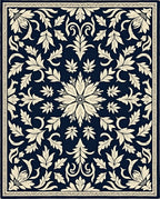 Deep Navy Cream Floral Scroll Medallion Rug