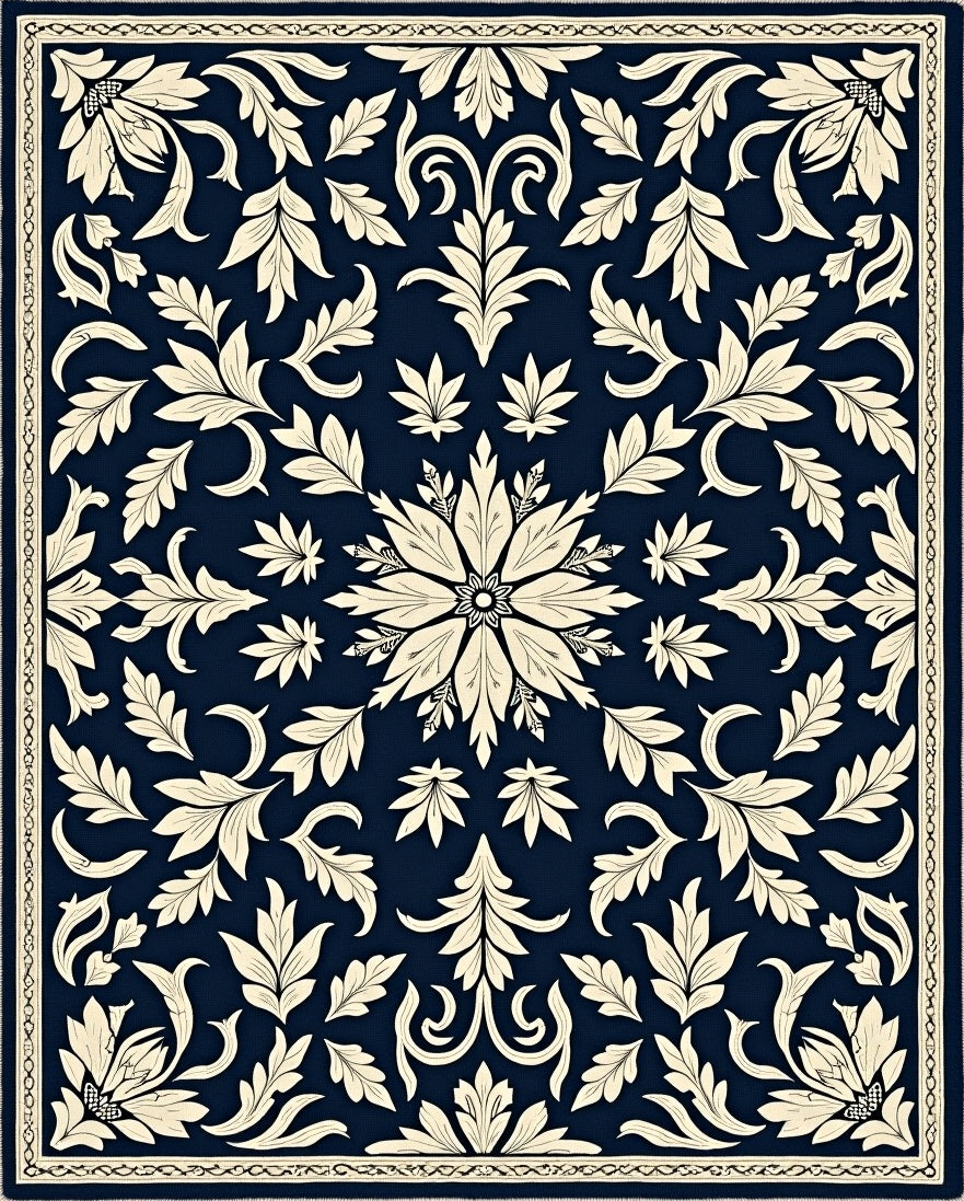 Deep Navy Cream Floral Scroll Medallion Rug