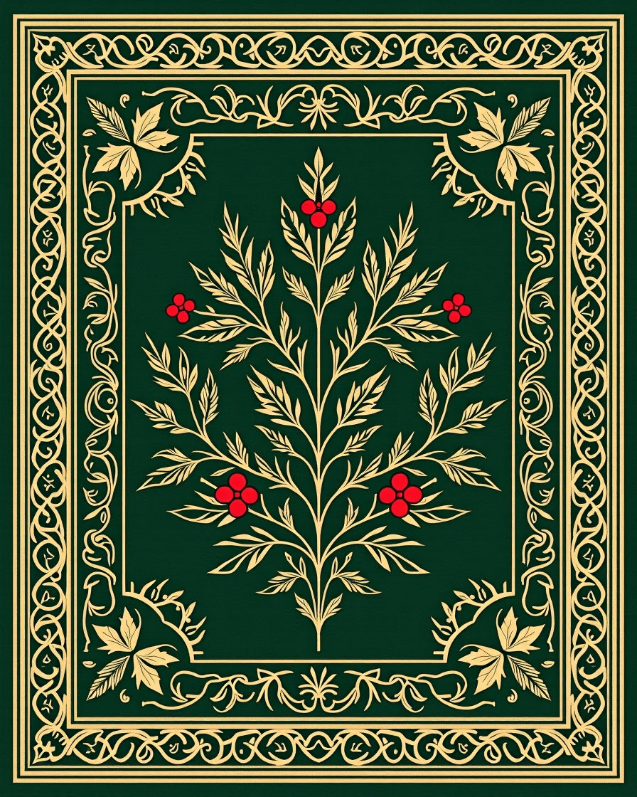 Emerald Green Red Berry Floral Vine Rug