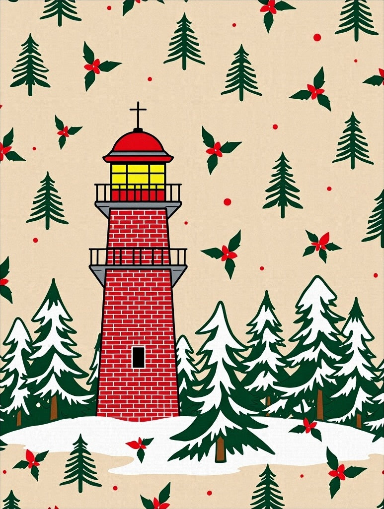 Festive Red Lighthouse Pine Snow Scene Rug
