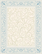 Ornate Blue on Cream Swirl Border Rug