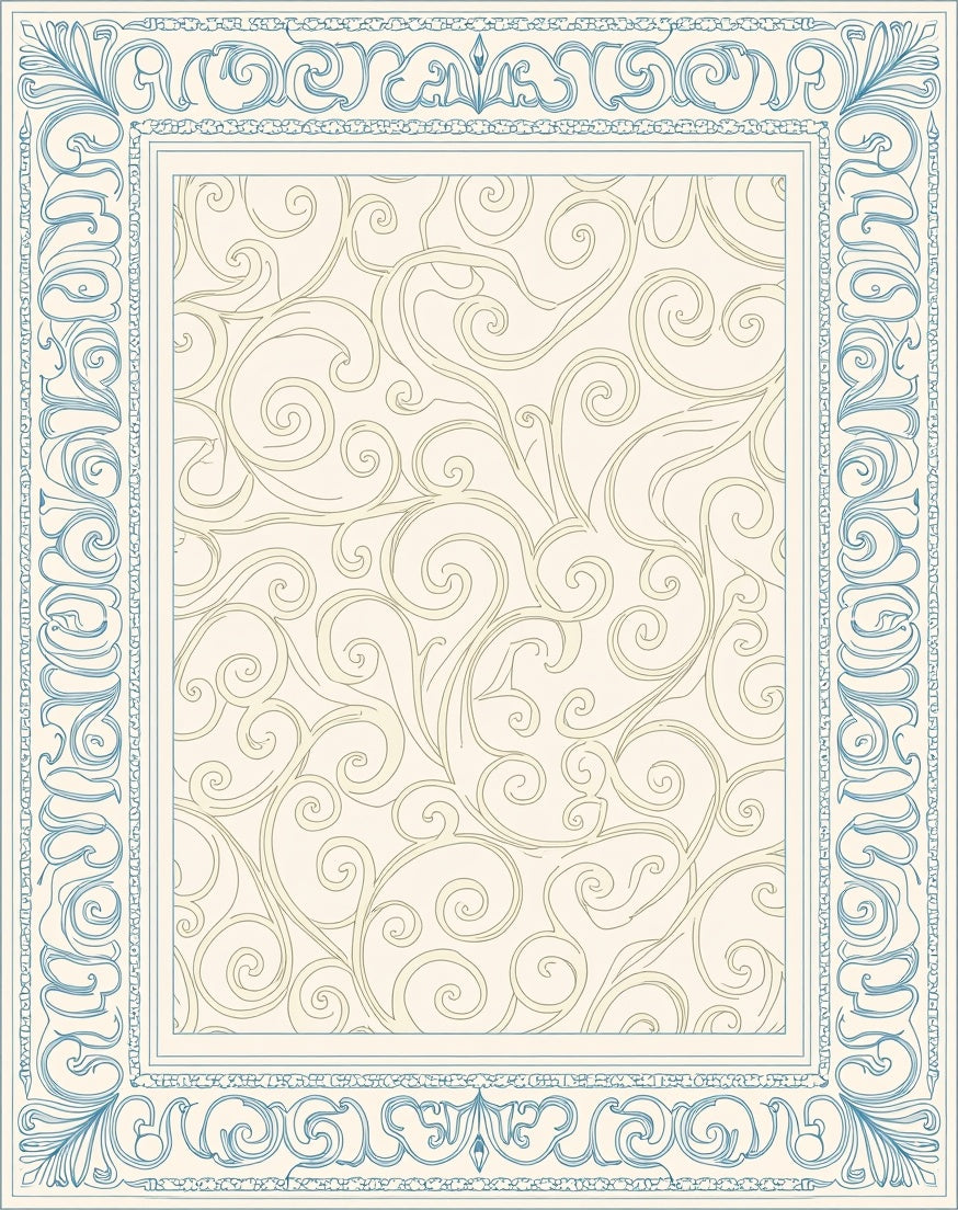 Ornate Blue on Cream Swirl Border Rug