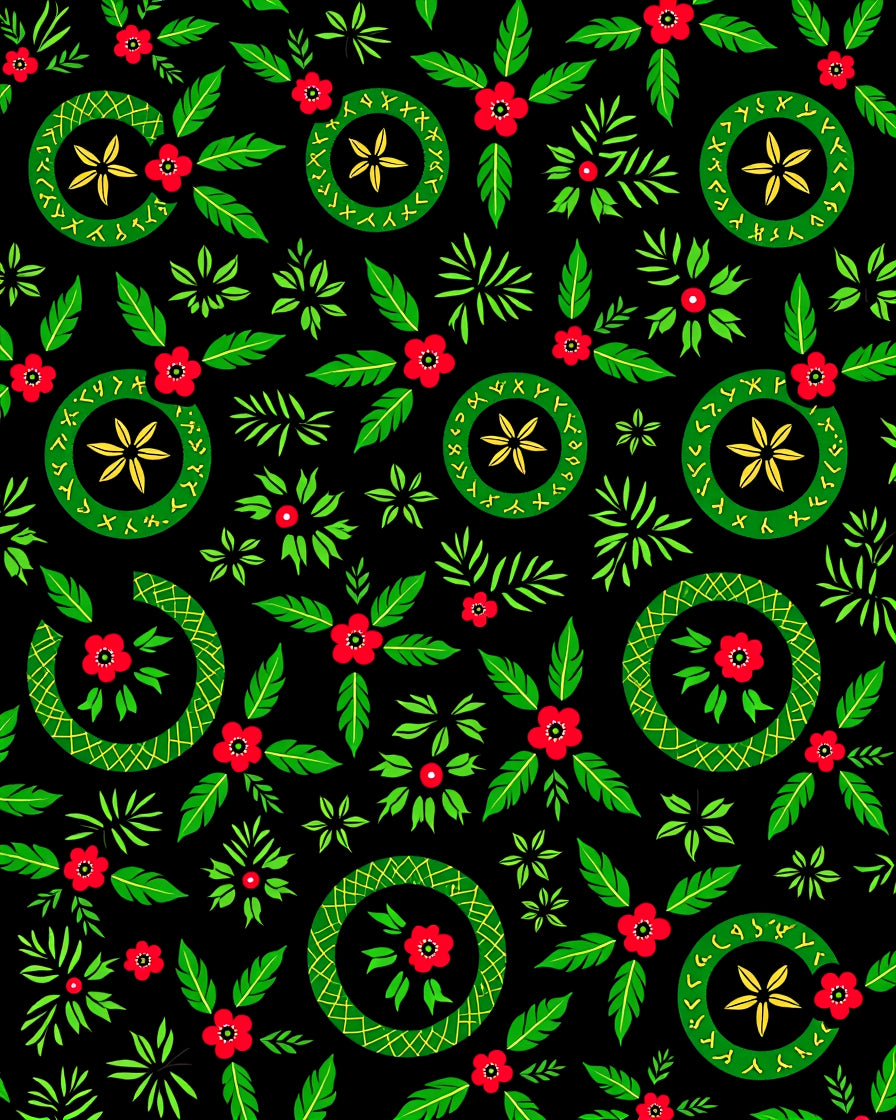 Bold Red Green Floral Circle Medallion Rug