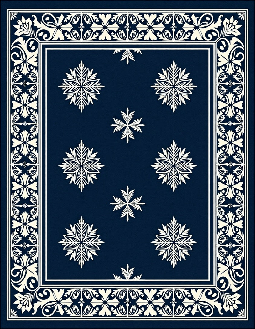 Navy Cream Floral Medallion Border Rug