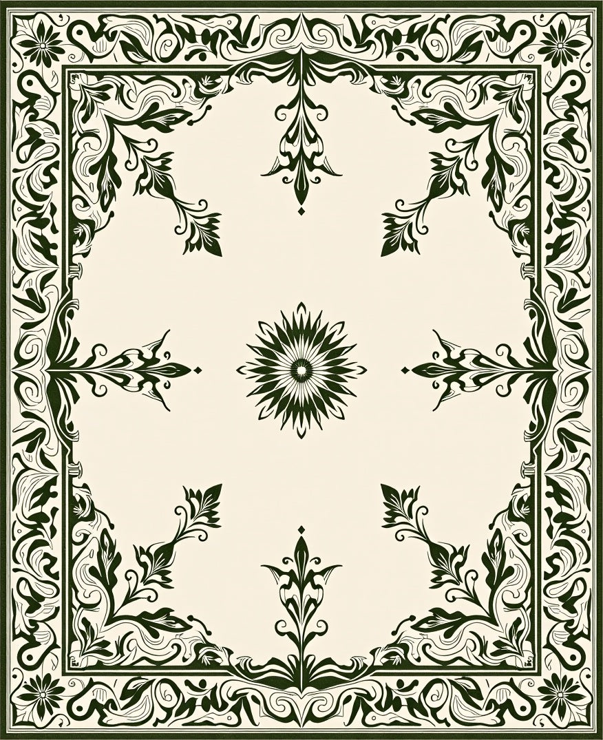 Ornate Emerald Floral Medallion Ivory Rug