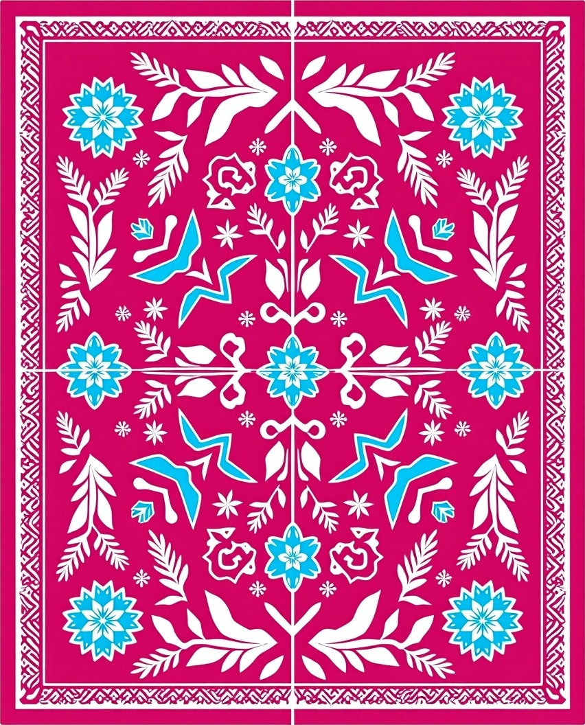Vibrant Fuchsia Blue Folk Floral Medallion Rug